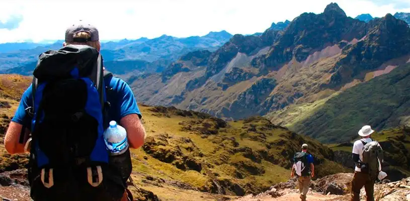 Hikers on the Classic Inca Trail approaching Machu Picchu