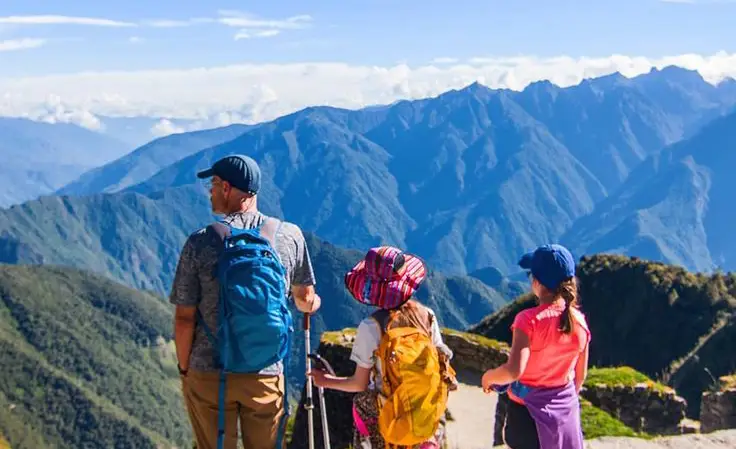 Father and two daughters looking at Machu Picchu from a viewpoint