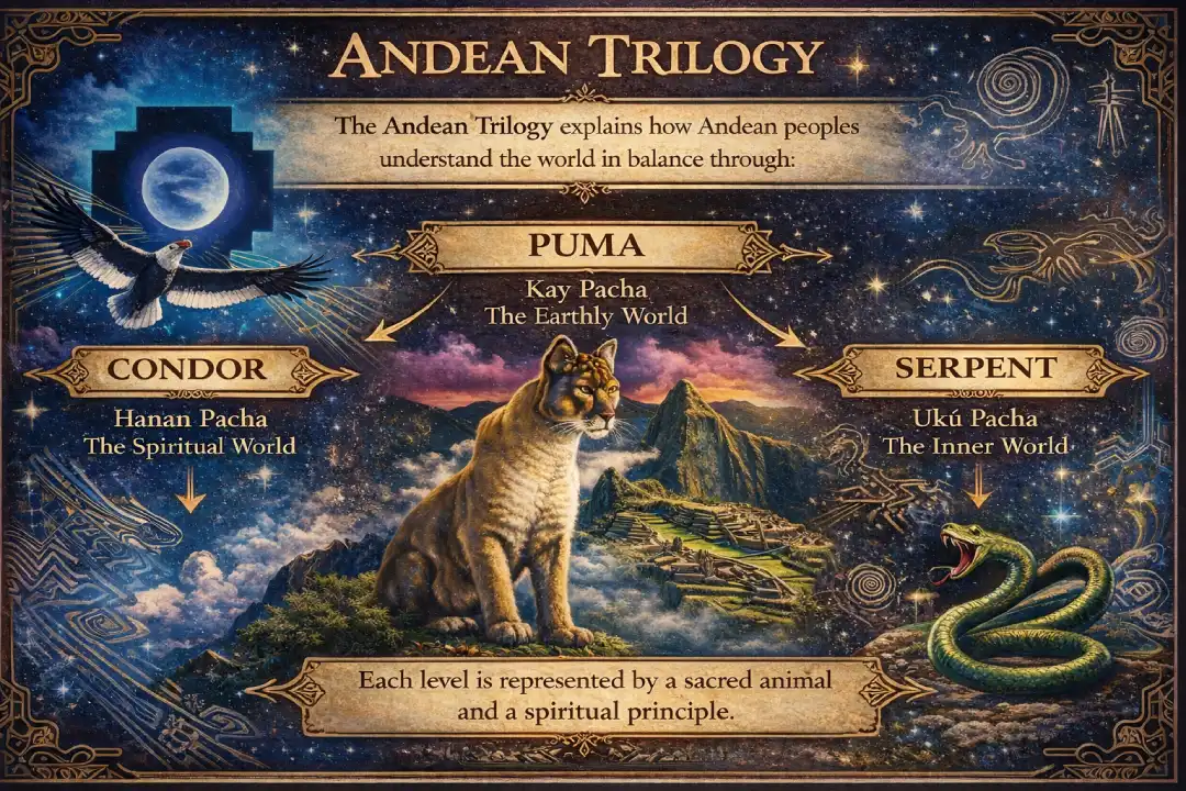 Andean Trilogy at Machu Picchu showing an Inca figure with a condor spreading its wings, alongside puma and snake symbols, with lush green mountains in the background.