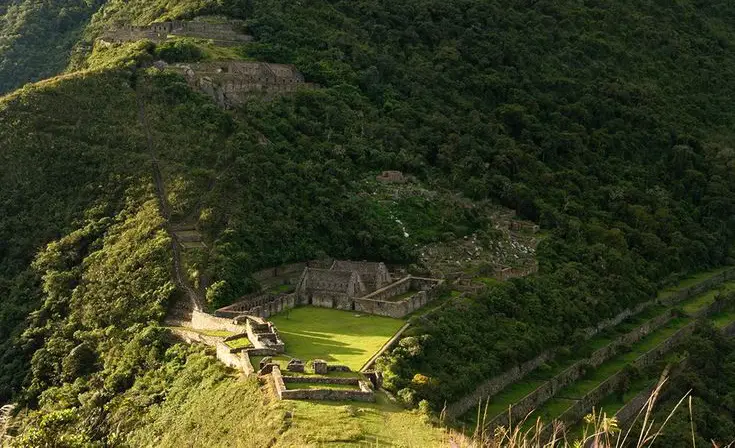 Choquequirao terraces and mountains seen during a guided trek in southern Peru