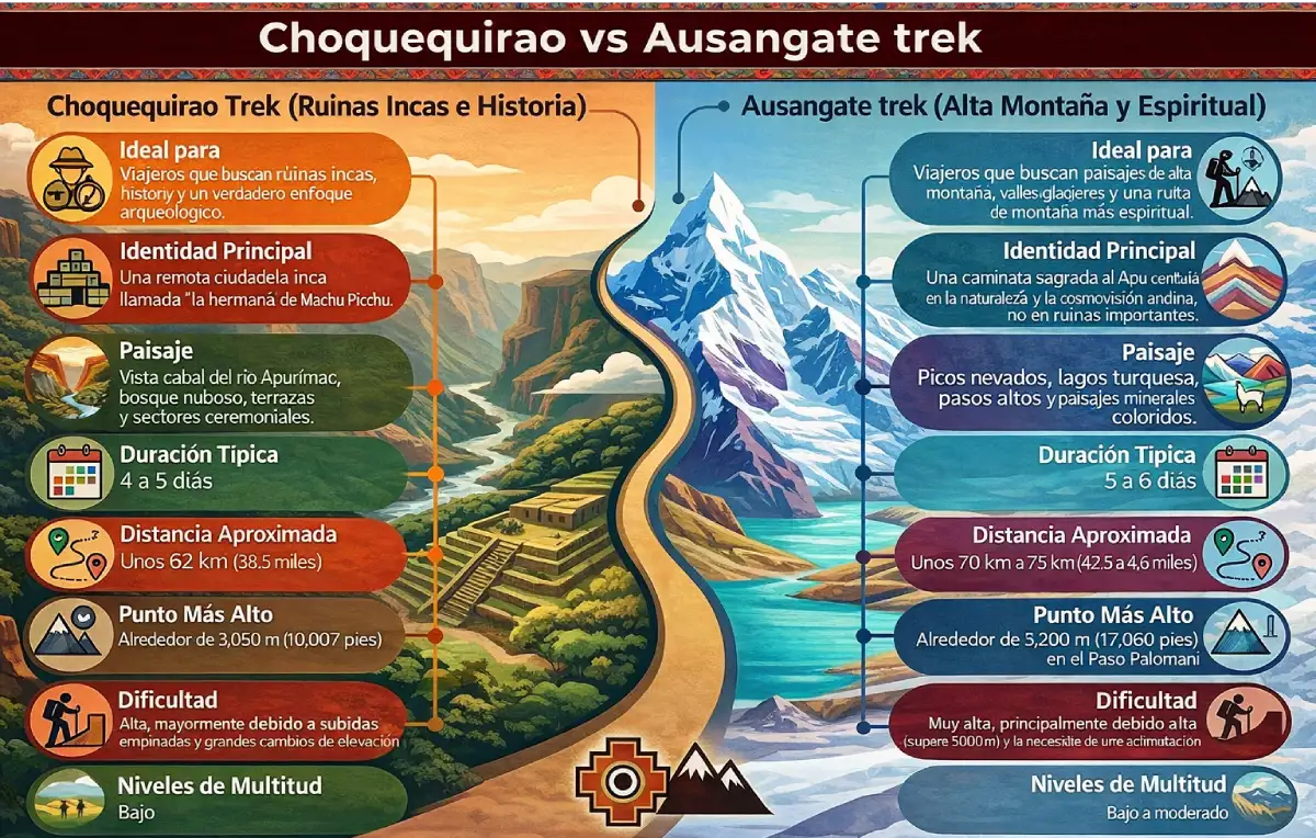 Infografía comparativa de Choquequirao vs Ausangate Trek con dificultad, altitud, paisajes y temporada