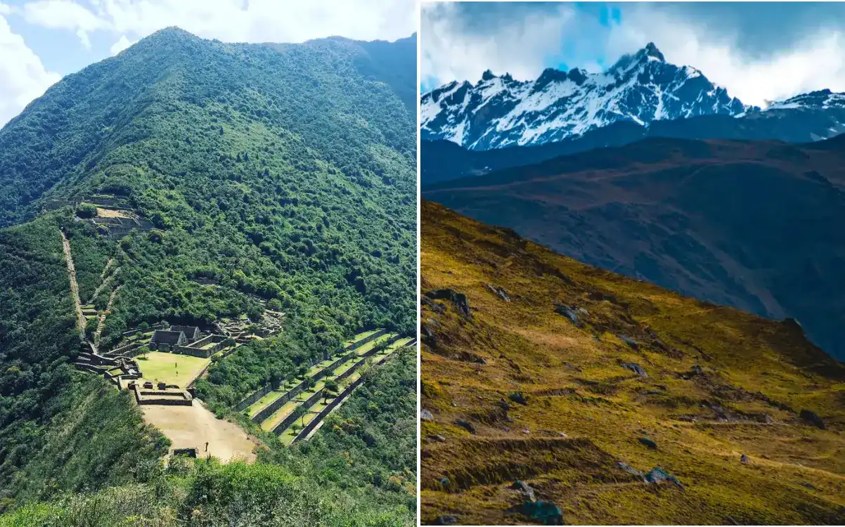 Foto comparativa con terrazas de Choquequirao en valle verde de Cusco y laderas del Ausangate con picos nevados y nubes, Perú.
