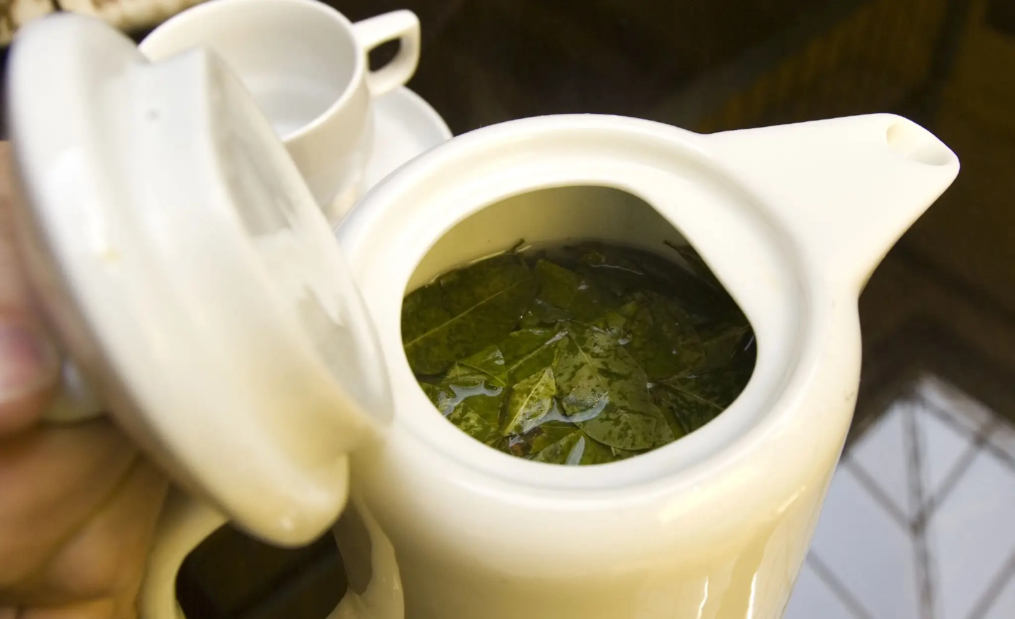 Mate de coca served in white pitcher.