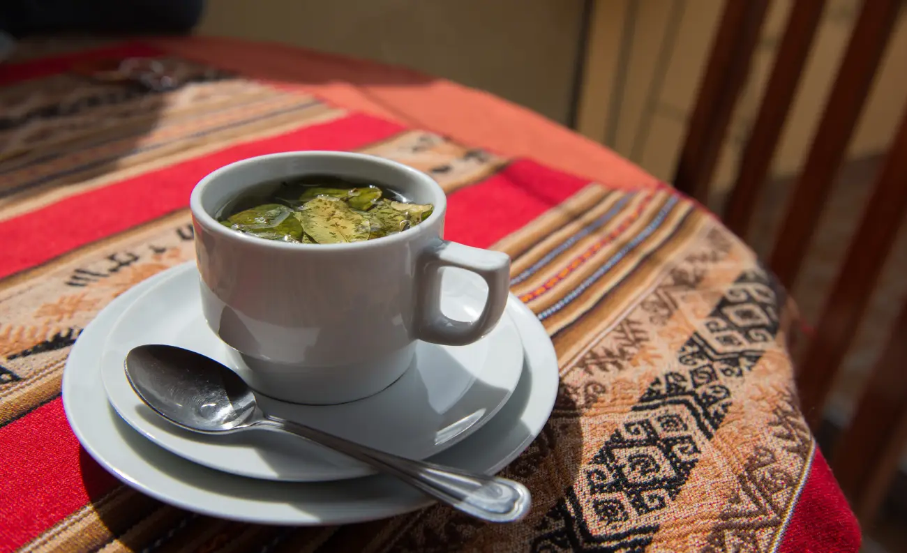 Coca tea served in a white cup on a table with traditional blankets.