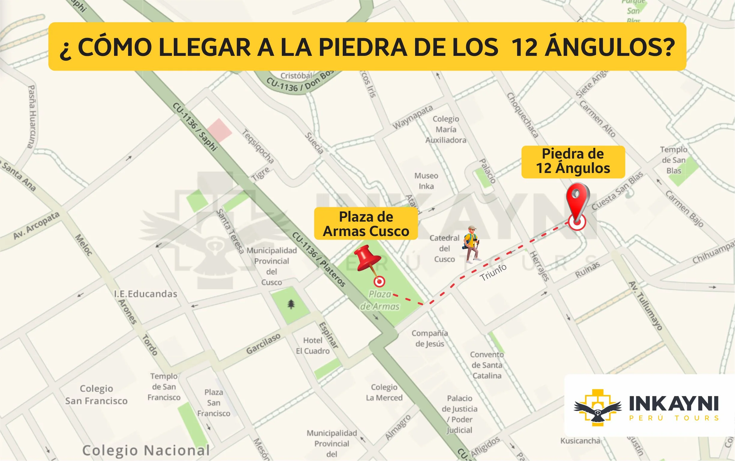 Mapa para saber cómo llegar a la piedra de los 12 ángulos en Cusco.