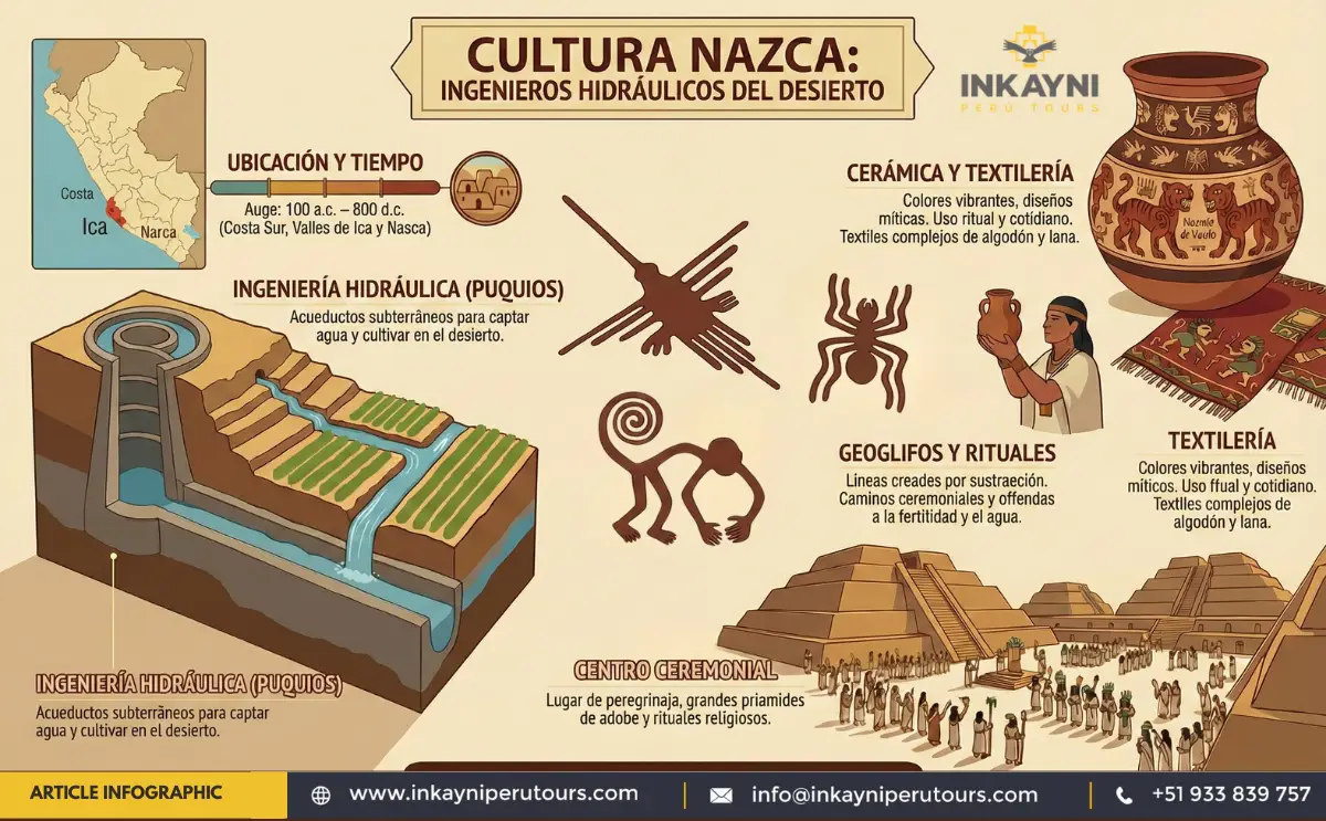 Infografía sobre la cultura Nazca y el contexto de los geoglifos en el desierto de Ica