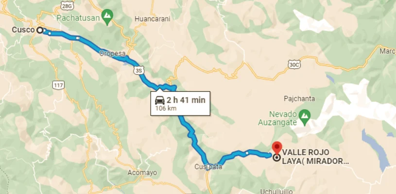 A cuanta distancia esta el Valle Rojo del Cusco 