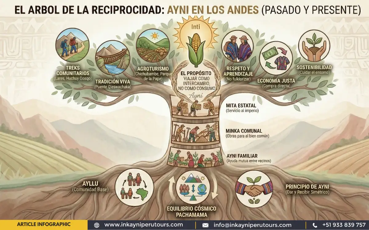 Infografía del Árbol de la Reciprocidad que explica el principio andino del Ayni en Perú, con ramas de dar, recibir, comunidad y equilibrio.