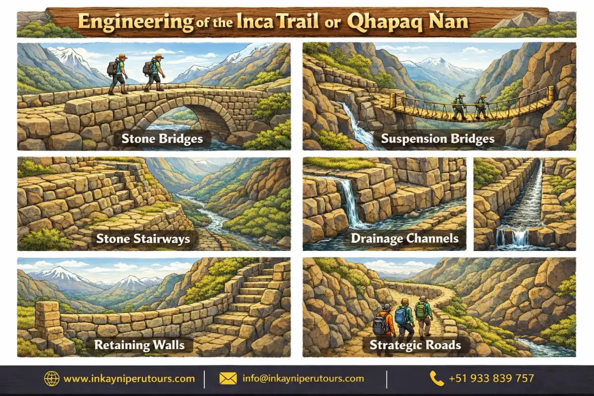 Inca Trail engineering showing stone bridges, suspension bridges, stairways, drainage channels, retaining walls, and strategic mountain roads along the Qhapaq Ñan.