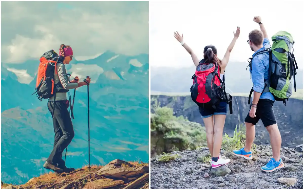 Excursionistas con mochilas y bastones en un sendero de montaña y un mirador rocoso, celebrando amplios paisajes andinos.