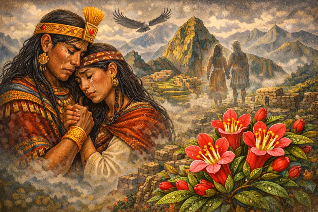Illustration of Inca couple embracing in foreground wearing traditional garments and gold jewelry, Machu Picchu in background with flying condor, ethereal ancestral figures and red cantuta flowers in foreground