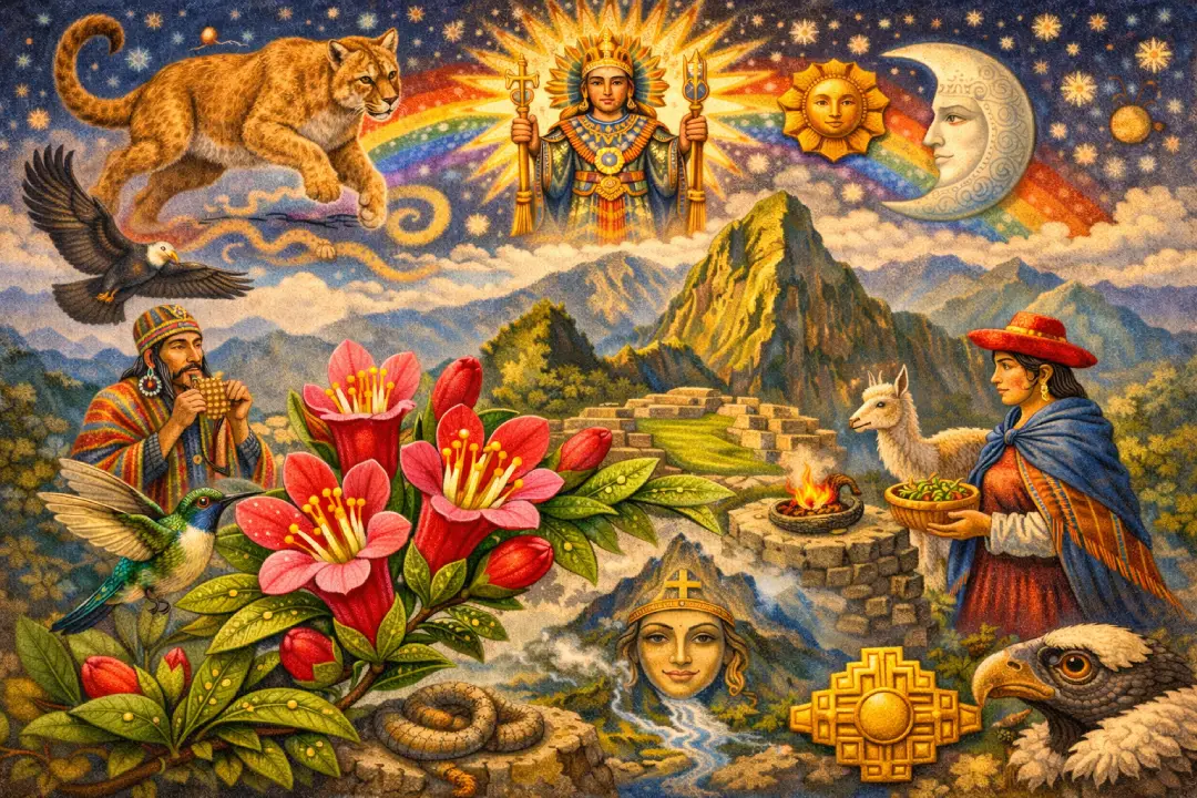 Ilustración artística de Machu Picchu rodeada de símbolos andinos: puma celestial, cóndor, deidades incas, sol y luna, con campesino tocando quena, mujer con alpaca y ofrenda de fuego, flores de cantuta y águila harpía sobre fondo estrellado
