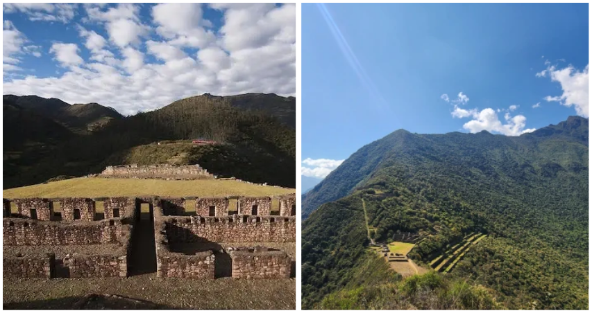 Choquequirao a Vilcabamba una ruta con terrazas de piedra, montañas verdes y cielo despejado.