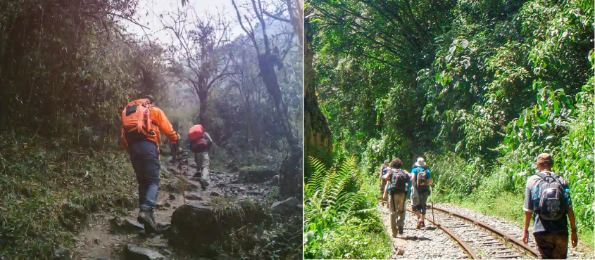 Two trail scenes comparing hikers on Choquequirao and Inca Jungle Trek routes in Cusco Peru