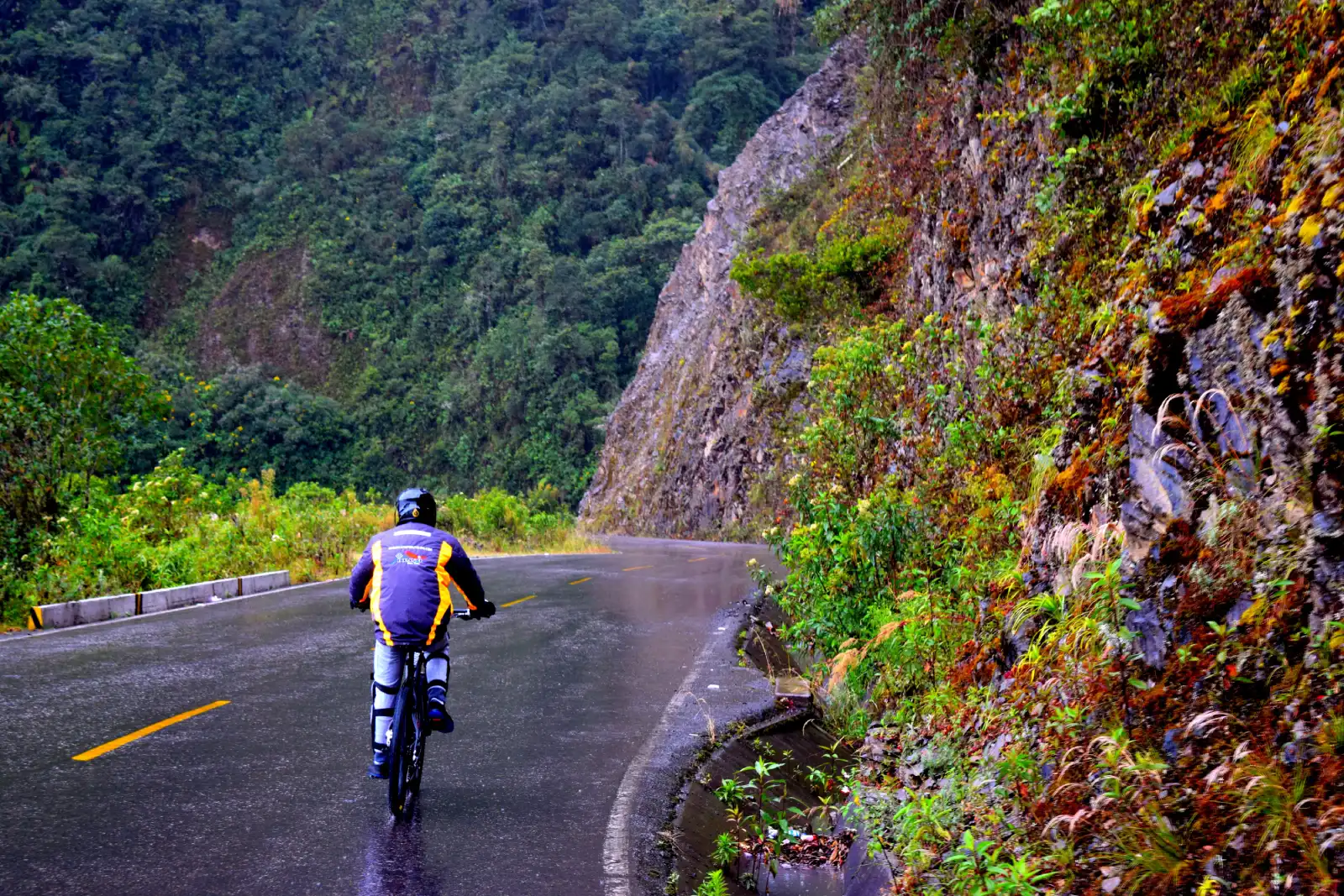 Cyclist riding down a paved mountain road during the Inca Jungle Trek, surrounded by green cliffs and cloud forest.