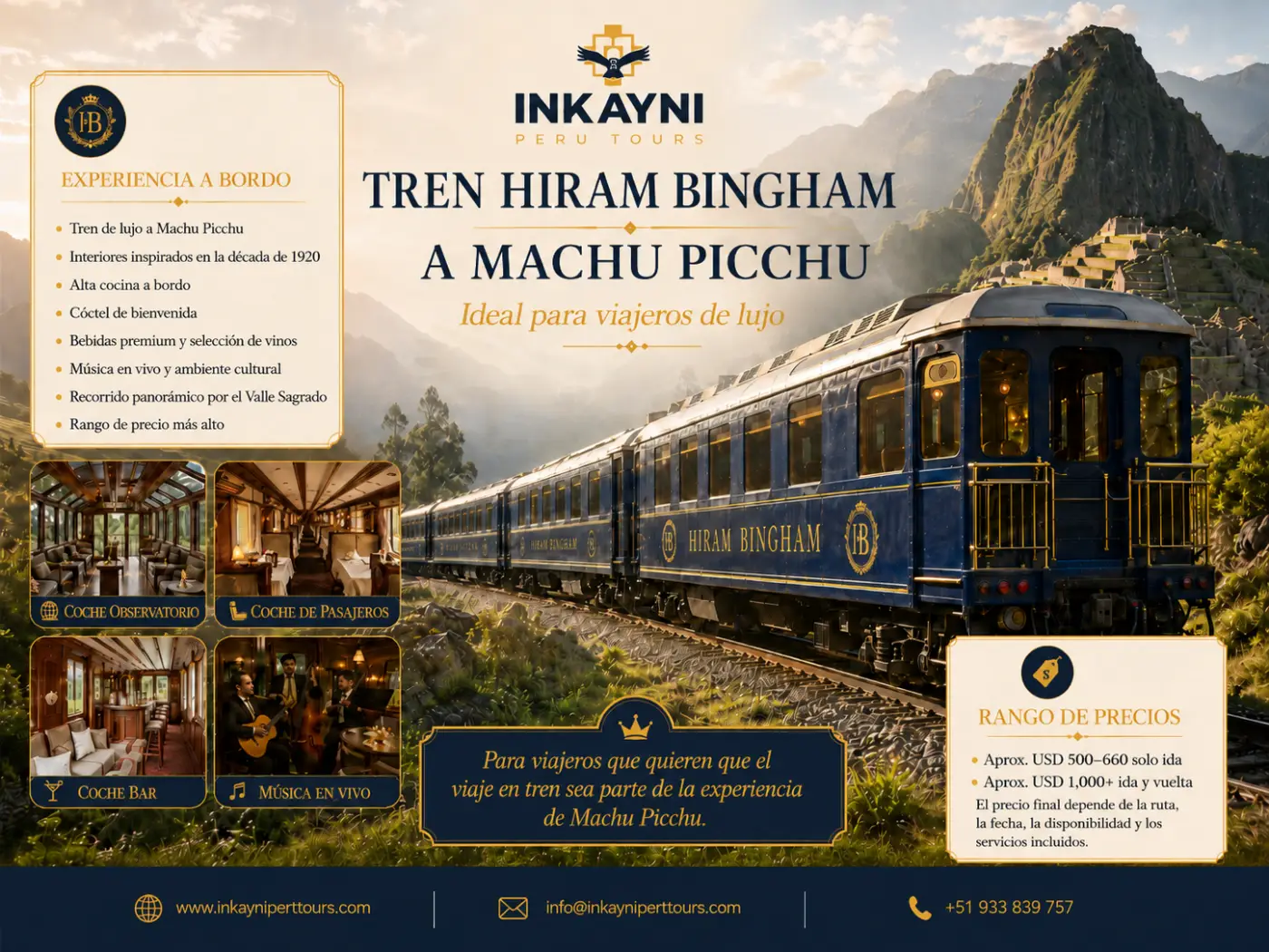 Infografía del tren de lujo Hiram Bingham a Machu Picchu mostrando interiores elegantes, vagón observatorio, música en vivo y experiencia premium de viaje en Perú.