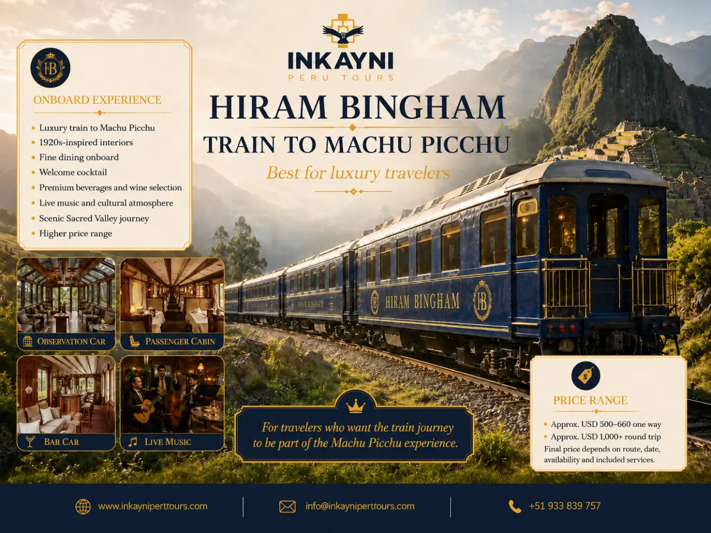 Luxury Hiram Bingham train to Machu Picchu infographic featuring elegant interiors, observation car, live music and premium travel experience in Peru.