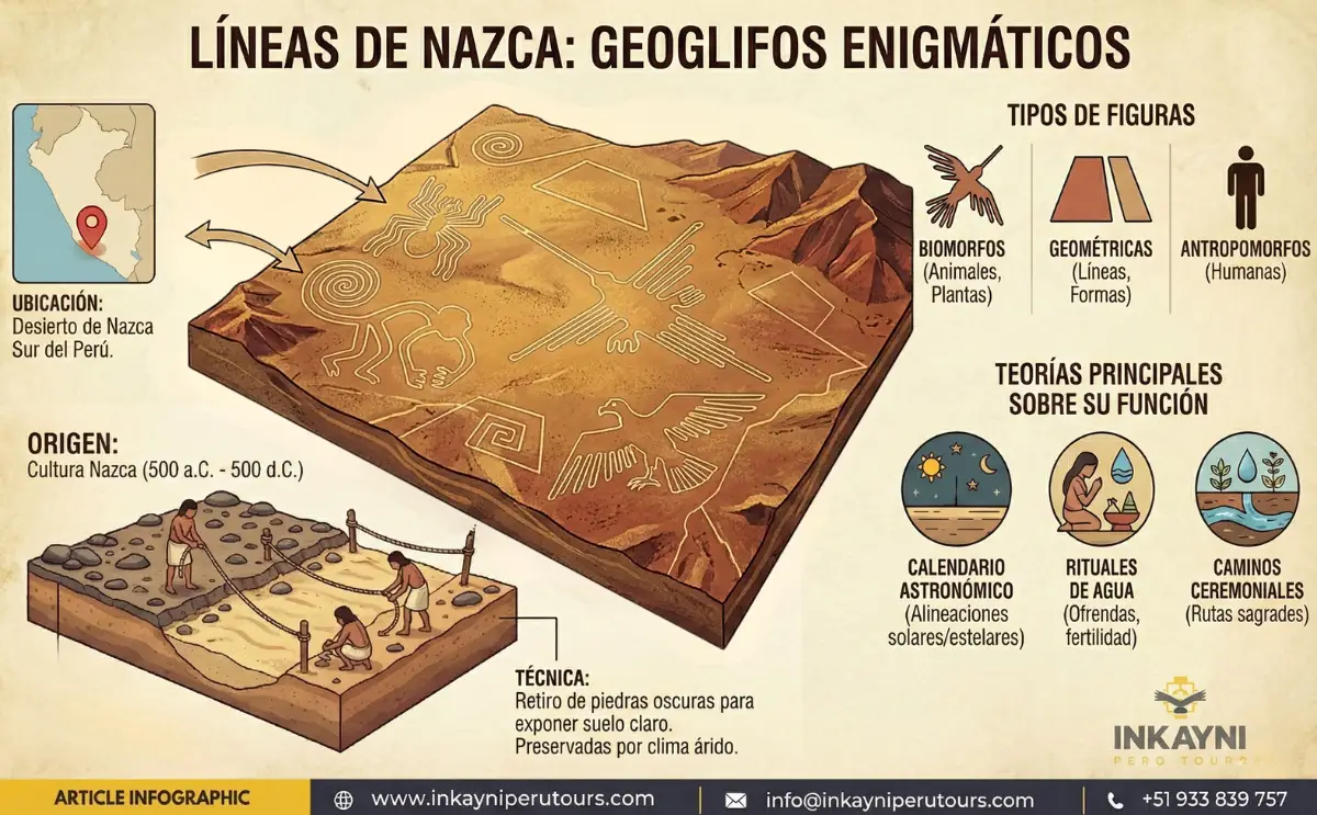 Infografía con explicación de las Líneas de Nazca y su escala en el desierto