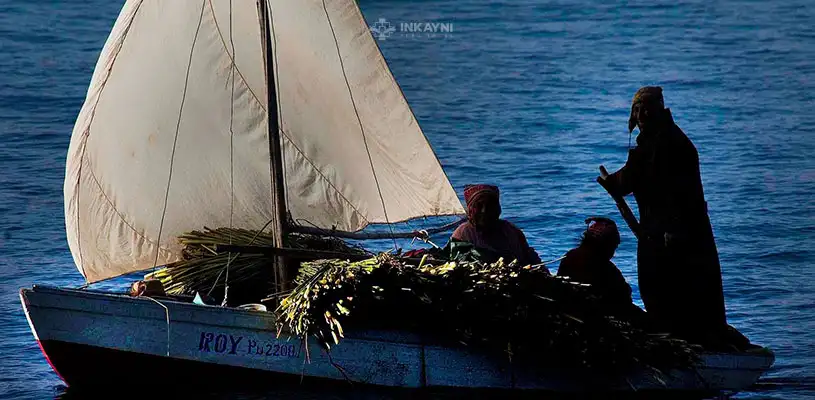 Pobladores de Uros prácticando el Llacho, técnica ancestral de pesca en las Islas Flotantes de los Uros en el Lago Titicaca. 