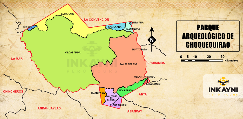 Map showing Choquequirao Archaeological Park location near Cusco and the Apurimac Canyon in Peru