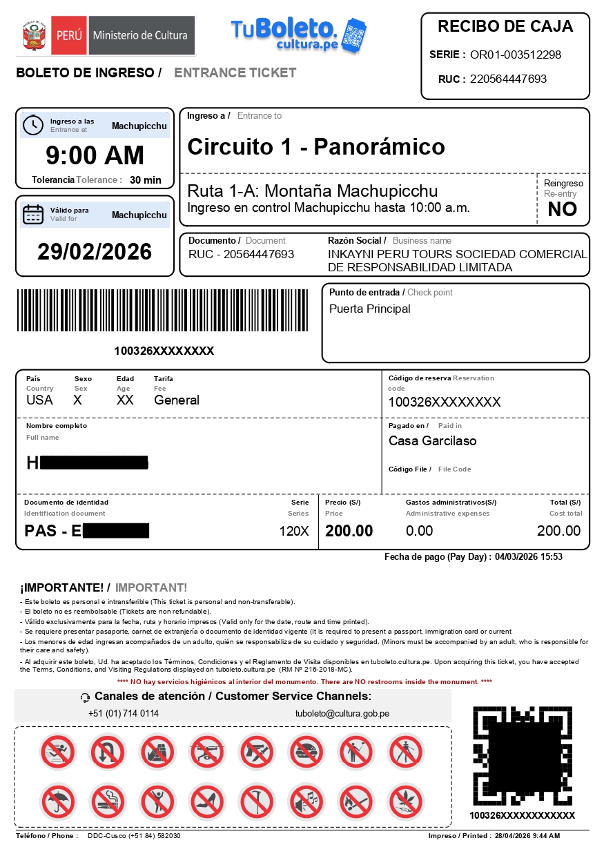 Official Circuit 1 ticket with access to the Montaña Machupicchu route.