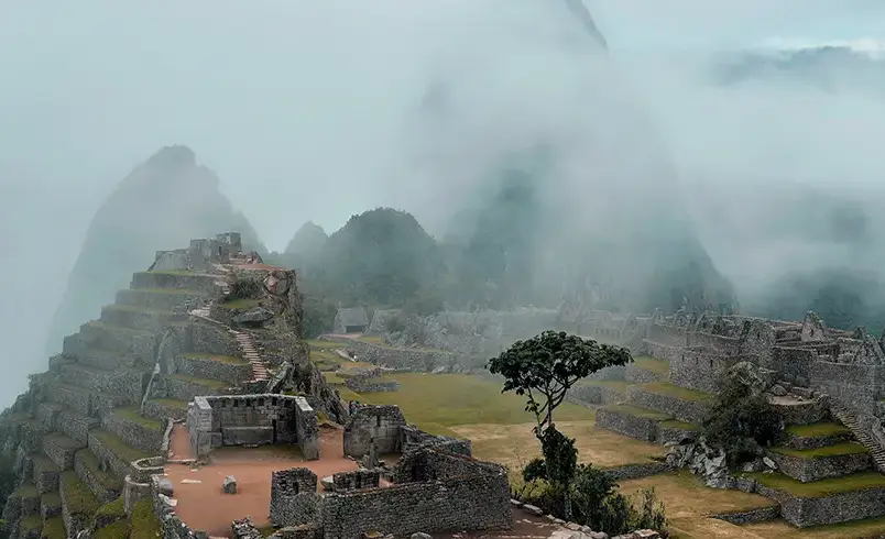 Machu Picchu cubierto por la neblina.