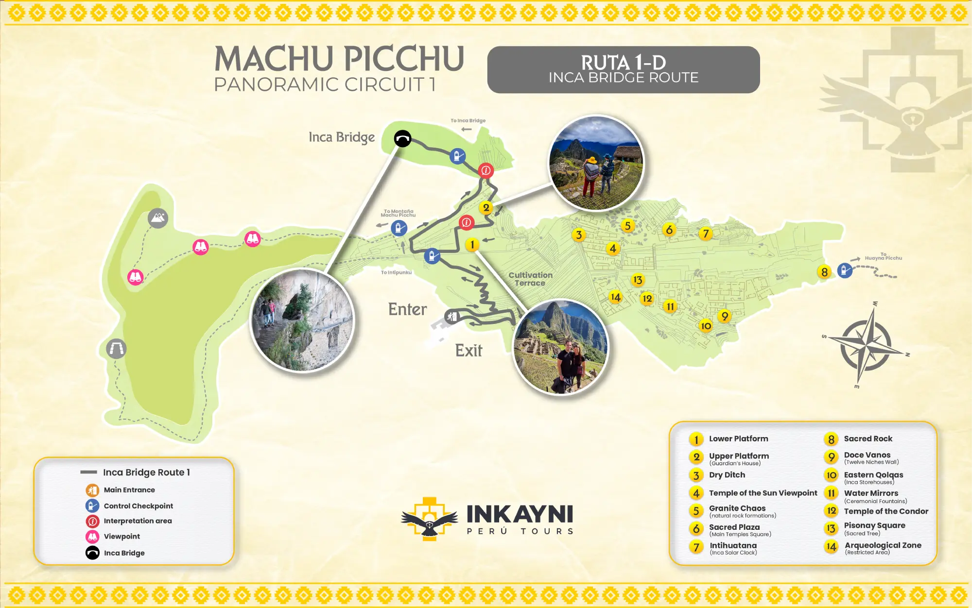Detailed Machu Picchu Circuit 1-D map showing the Inca Bridge Route, main entrance, checkpoints, viewpoints and visitor path.