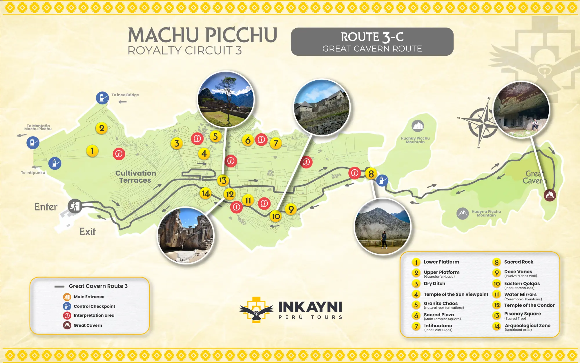 Detailed Machu Picchu Circuit 3-C map showing the Great Cavern Route, visitor path, checkpoints and restricted access area.