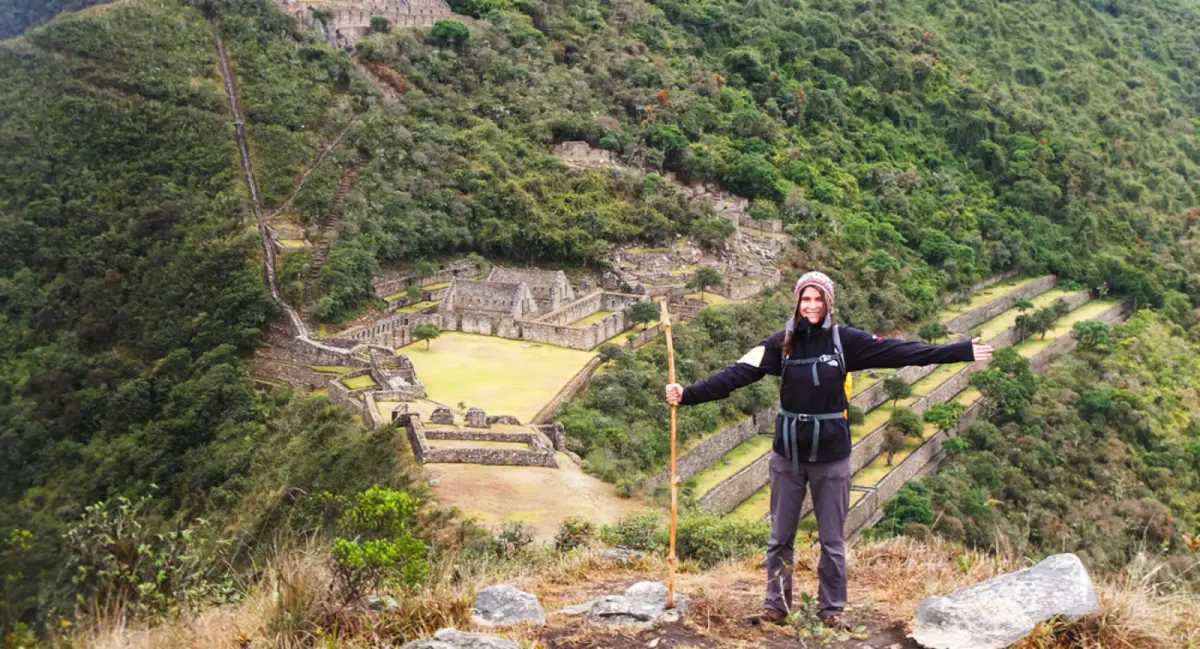 Panoramic view of Choquequirao Inca ruins surrounded by mountains in the Peruvian Andes