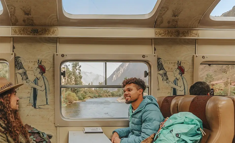 Passengers seated inside the Expedition train to Machu Picchu.