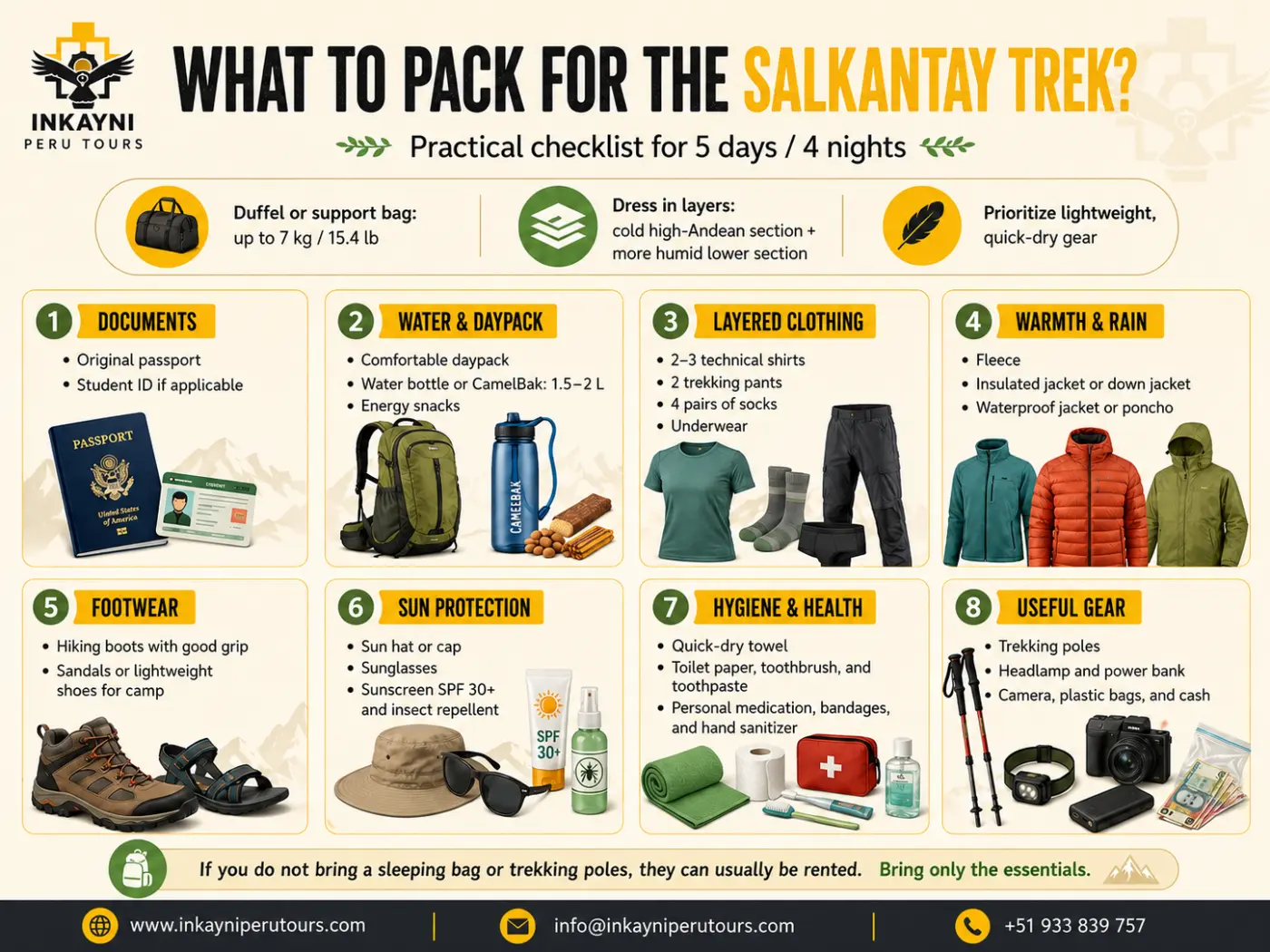 Salkantay Trek packing list infographic showing documents, daypack, layered clothing, warm and rain gear, footwear, sun protection, hygiene, and useful trekking gear for a 5 day route.