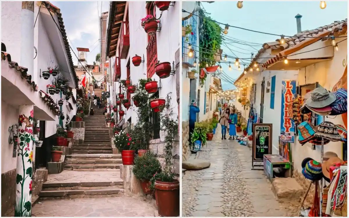 Escalinata de San Blas en Cusco, Perú, con macetas de flores y paredes coloridas, calle típica del barrio colonial con peatones.