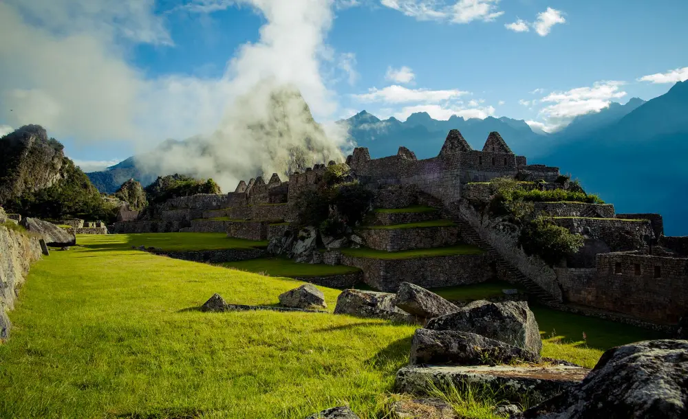 Machu Picchu on a sunny day after arriving by train to Aguas Calientes.
