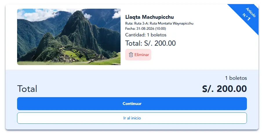 Machu Picchu ticket purchase screen showing the Waynapicchu route, date, and total to pay.