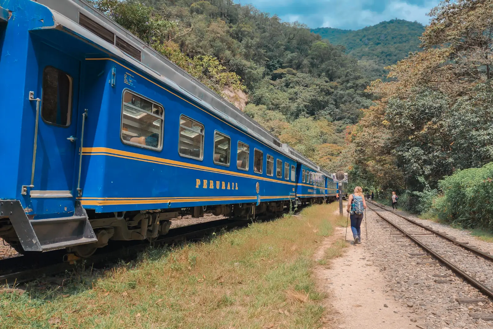 Train near Hidroeléctrica on the lower Salkantay route before the final approach to Aguas Calientes