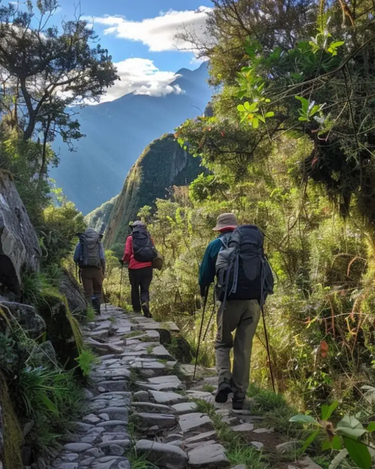 inca trail stone path hikers mountains