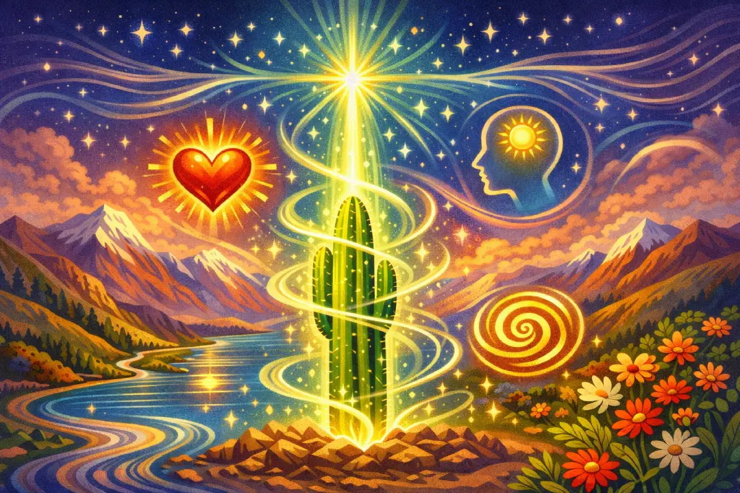 Una ilustración animada de estilo artístico andino donde un cactus de San Pedro se eleva desde la tierra y se transforma en luz. Alrededor, montañas, ríos y estrellas se conectan con líneas suaves de energía. Íconos visuales (corazón abierto, mente clara, espiral de enfoque) representan claridad mental, conexión con la naturaleza y liberación emocional, sin mostrar personas explícitamente.