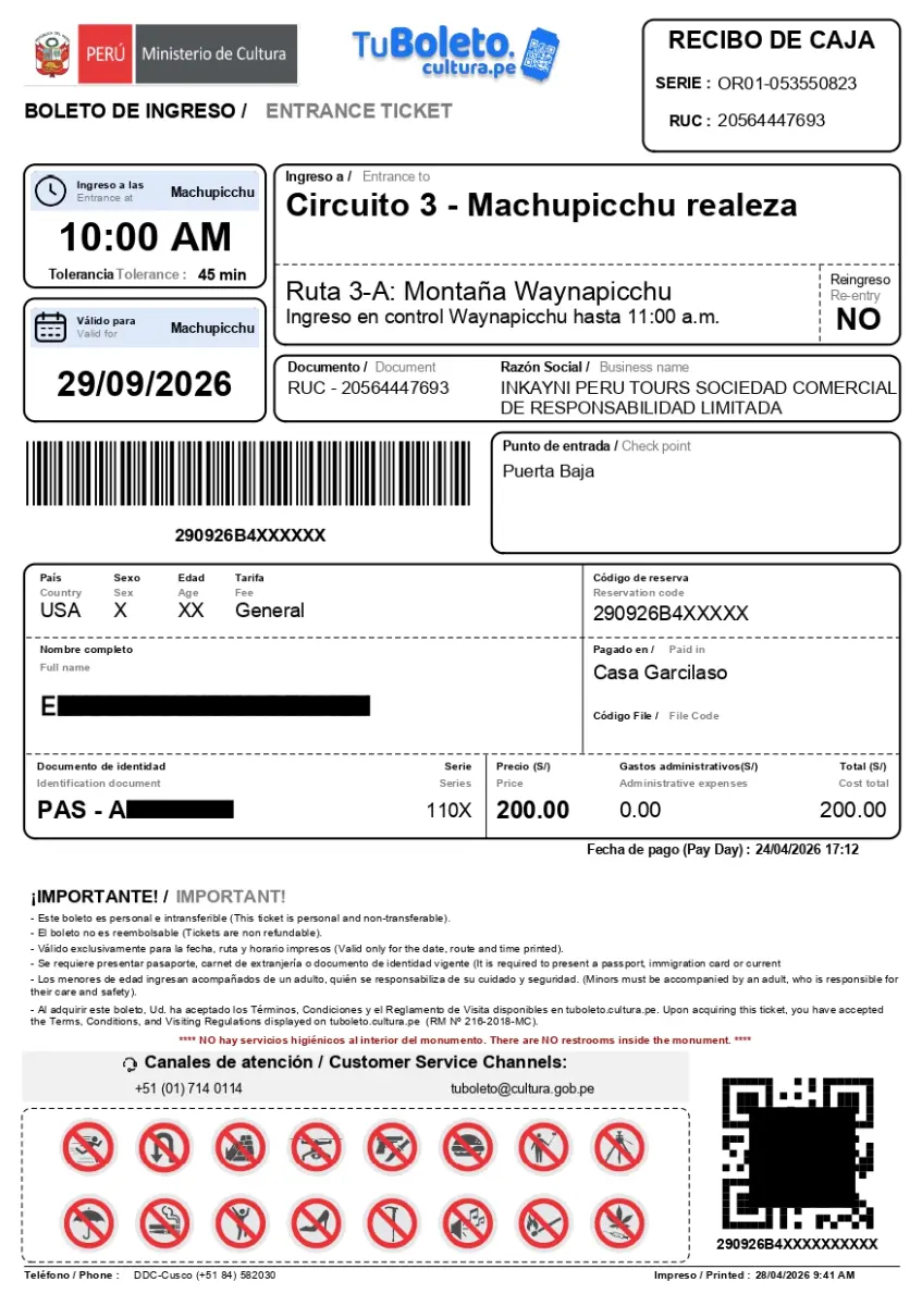 Boleto oficial de ingreso a Machu Picchu para el Circuito 3 y la ruta de la Montaña Waynapicchu.