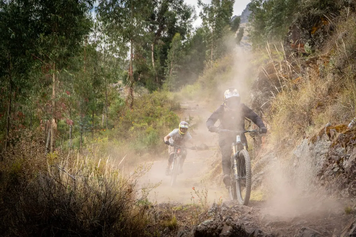 Cyclist descending a trail through eucalyptus trees in Yuncaypata, Cusco, kicking up dust in a dry environment with sunlight filtering through trees (Peru Biking Tours).