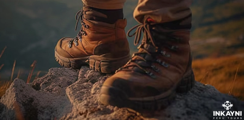 A pair of trekking boots at sunset.