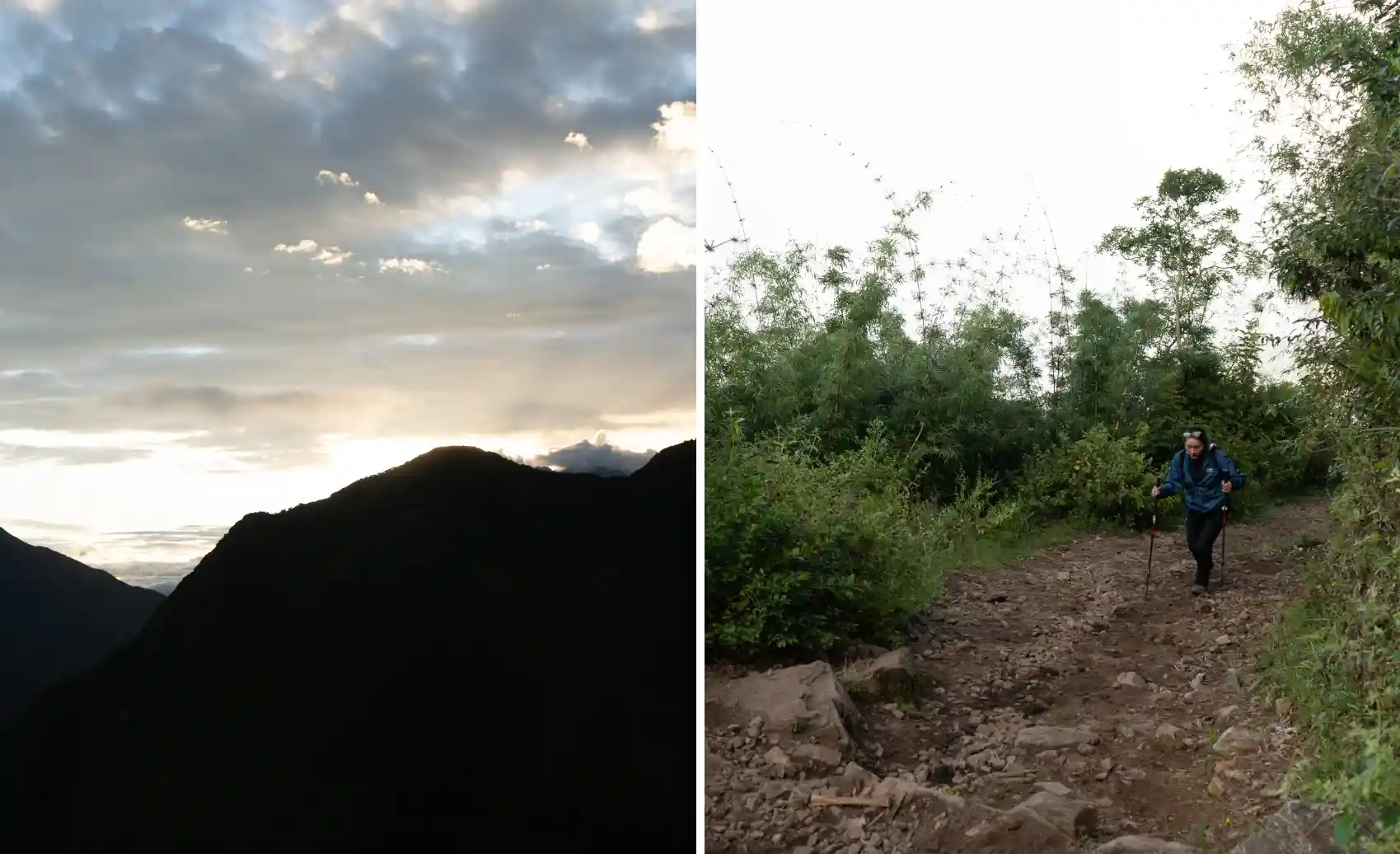 Wide view of Choquequirao Trek valley at dawn with shaded mountains, dry trail and clear sky during cool morning in Cusco Peru.