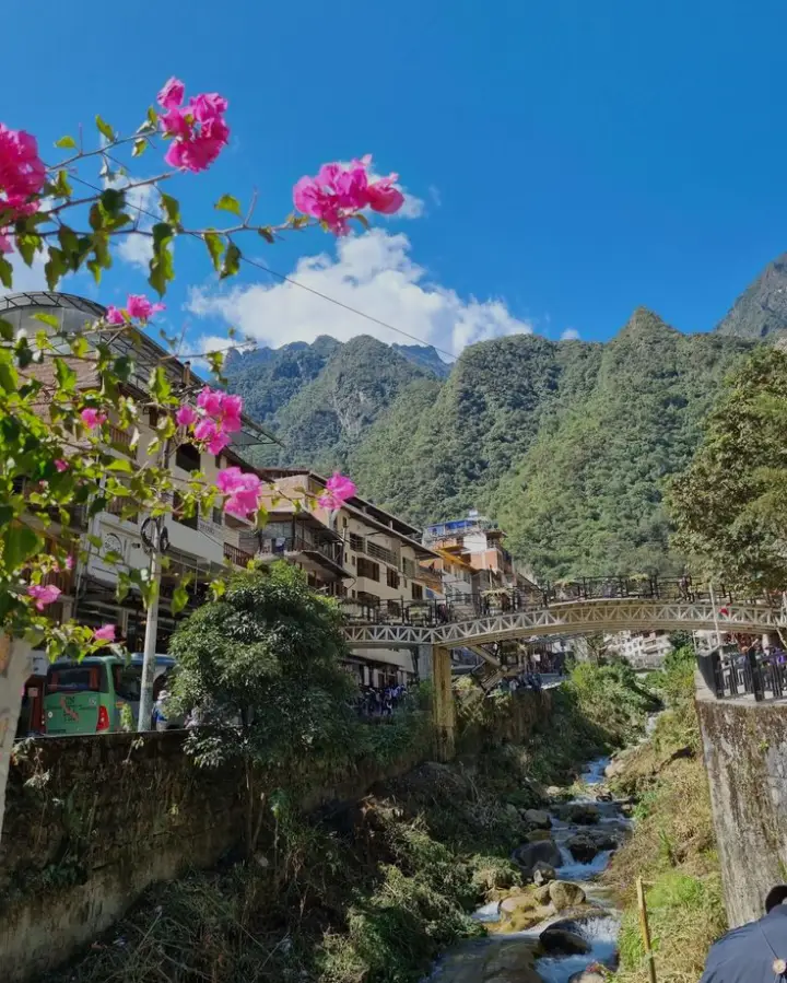 aguas calientes to machu picchu pink flowers aguas calientes bridge urubamba river mountains sun calm day pueblo