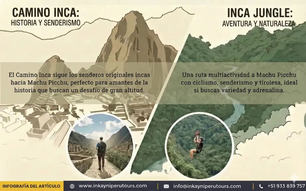 Infografía comparando Camino Inca o Inca Jungle trek a Machu Picchu, con actividades, altitud máxima, hospedaje y transporte desde Cusco, Perú.