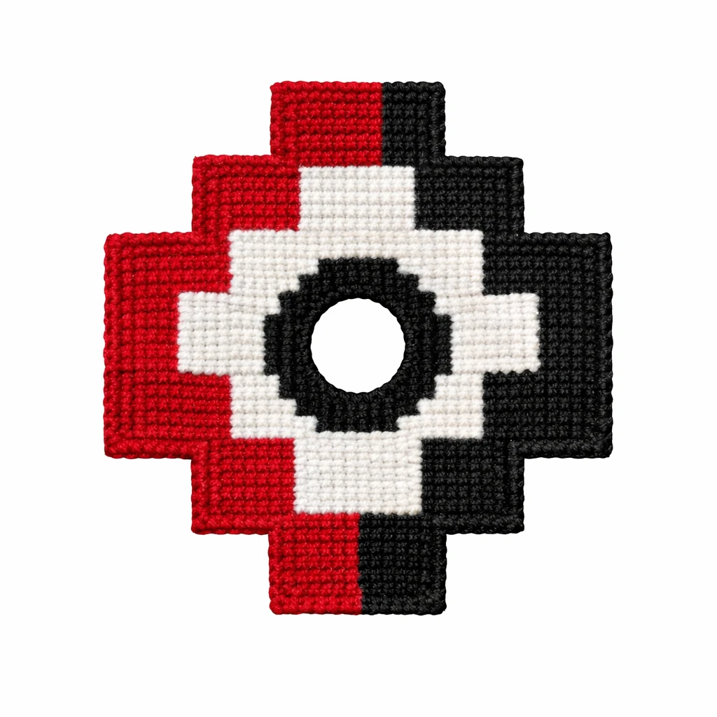 Crocheted Andean chakana cross in red, white, and black with a circular center opening on a white background.