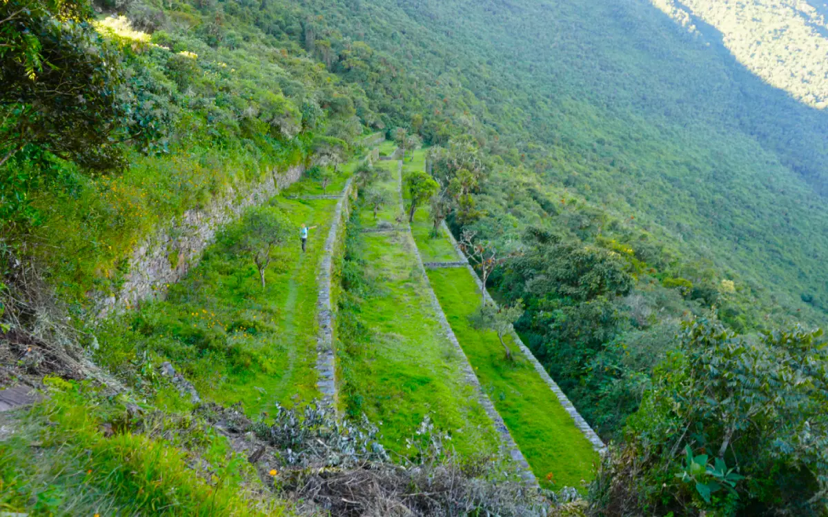 Inca agricultural terraces in Choquequirao with hiker overlooking the Apurimac Valley