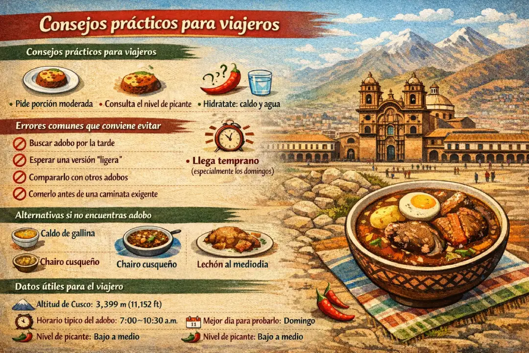 Infografía turística del adobo cusqueño con fondo de Plaza de Armas y montañas, mostrando consejos prácticos (porción moderada, nivel de picante, hidratación), errores a evitar (no buscar de tarde, esperar versión ligera, no comparar), alternativas (caldo de gallina, chairo cusqueño, lechón al mediodía), y datos útiles (altitud 3399m, horario típico 7-10:30am domingos, nivel de picante bajo-medio)