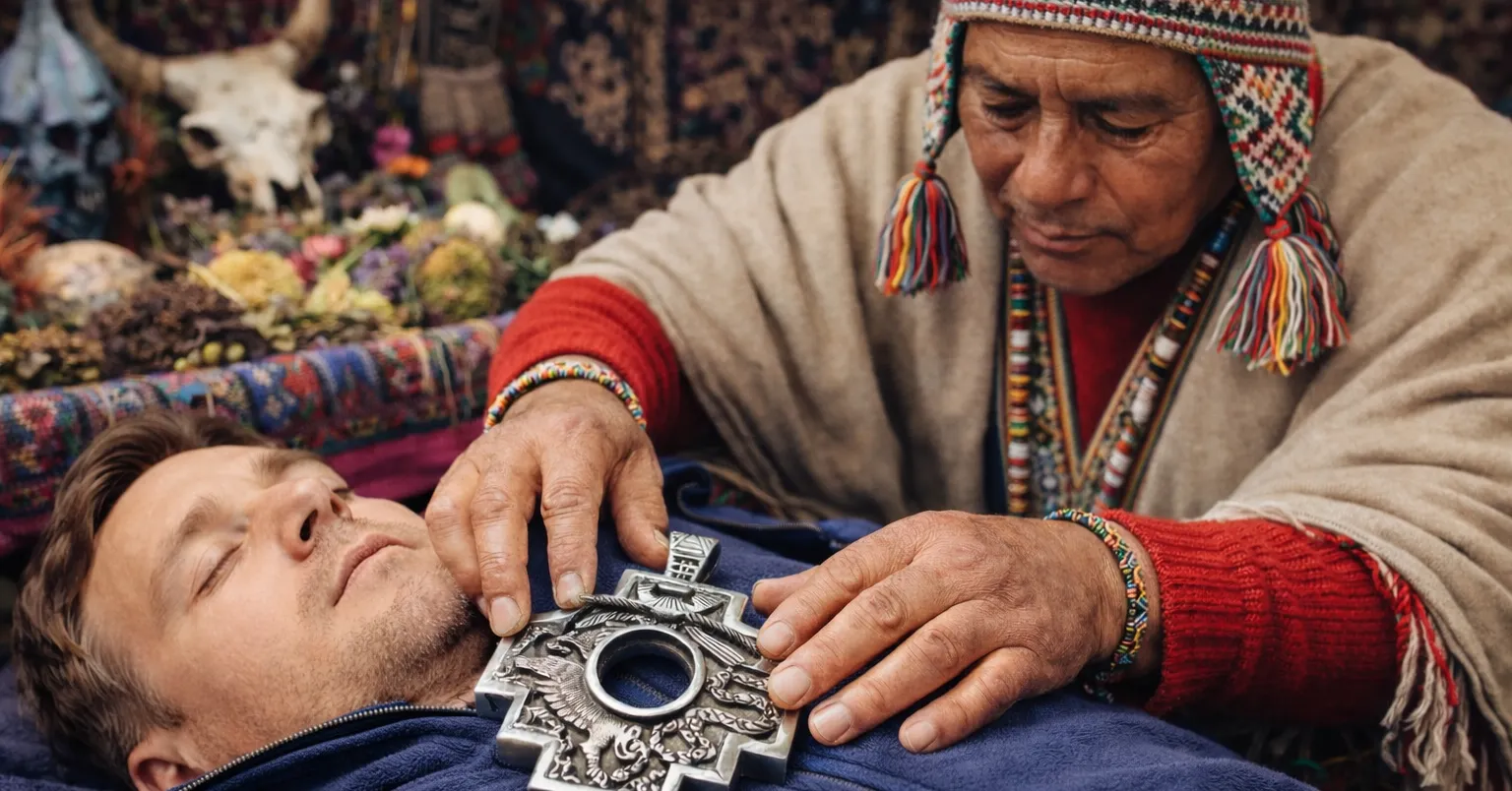 Andean healer wearing traditional clothing placing a large silver chakana cross on a person’s chest during a spiritual healing ceremony.