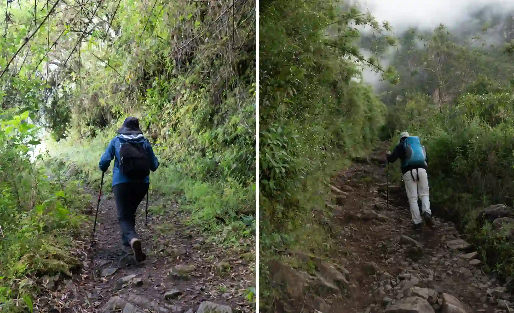 Group of trekkers with hiking poles climbing a steep, dusty ascent toward Choquequirao along the multi-day trek through the Apurímac canyon in Peru.