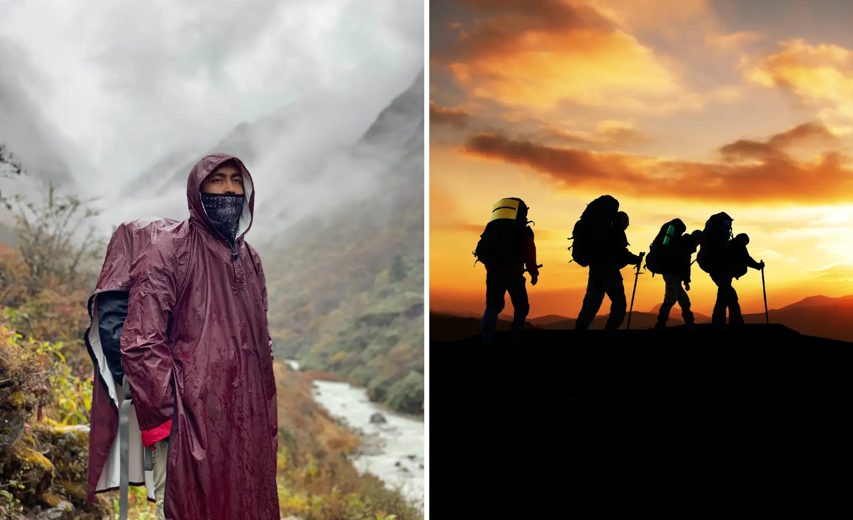 viajero con ropa de lluvia y viajeros con ropa para protegerse del sol intenso.