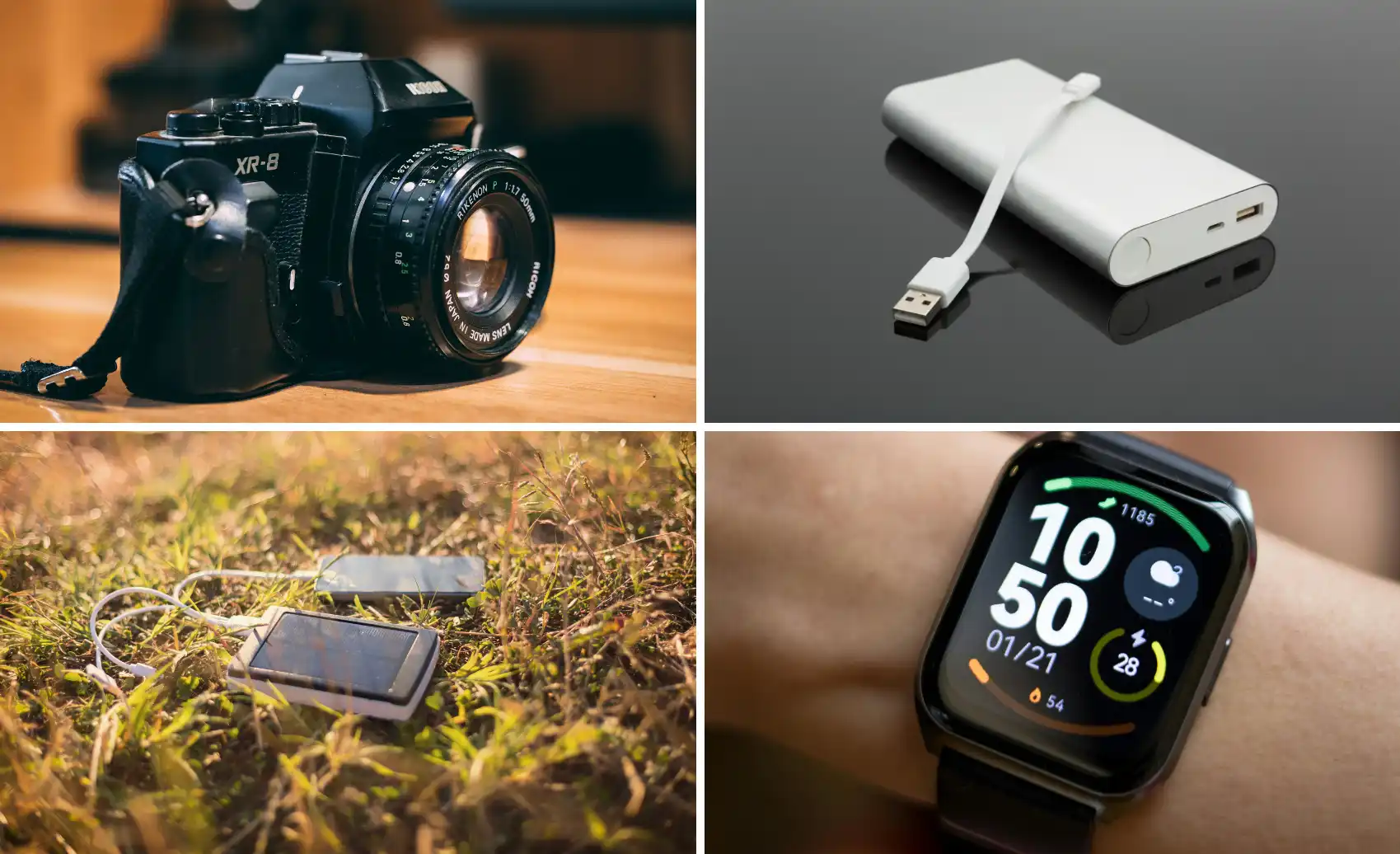 cámara profesional, powerbank, batería solar y smartwatch.